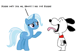 Size: 1024x685 | Tagged: safe, artist:michaelsquishyeddy89, trixie, pony, unicorn, g4, charlie brown, collar, dialogue, eyes closed, peanuts, raised hoof, simple background, snoopy, tongue out, white background