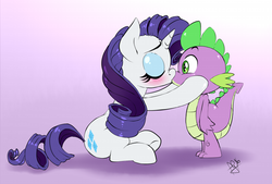 Size: 700x474 | Tagged: safe, artist:pia-sama, rarity, spike, dragon, pony, unicorn, g4, blushing, cute, duo, eyes closed, female, gradient background, kiss on the lips, kissing, male, mare, nose wrinkle, ship:sparity, shipping, sitting, straight, surprise kiss, surprised, underhoof