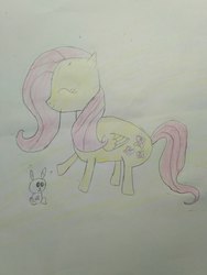 Size: 3120x4160 | Tagged: safe, artist:sumi-mlp25, angel bunny, fluttershy, rabbit, g4, eyes closed, female, happy, paper, smiling, solo, traditional art