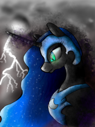 Size: 1470x1960 | Tagged: safe, artist:evaworld, nightmare moon, g4, bust, female, lightning, portrait, solo