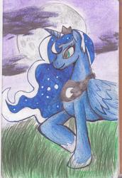 Size: 1738x2524 | Tagged: safe, artist:evaworld, princess luna, g4, cloud, female, full moon, grass, moon, night, smiling, solo, traditional art