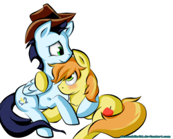 Size: 2977x2394 | Tagged: safe, artist:akatsukibritt, braeburn, soarin', pony, g4, accessory swap, backwards cutie mark, blushing, cuddling, gay, high res, hug, male, prone, ship:soarburn, shipping, simple background, smiling, snuggling, transparent background