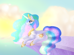 Size: 1600x1200 | Tagged: safe, artist:trishabeakens, princess celestia, g4, cliff, cloud, female, prone, sky, smiling, solo