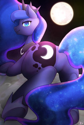 Size: 2362x3496 | Tagged: safe, artist:hosikawa, princess luna, alicorn, pony, g4, butt, female, high res, leaning, lidded eyes, looking at you, looking back, mare in the moon, moon, moonbutt, plot, praise the moon, raised leg, smiling, solo