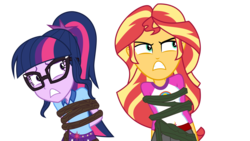 Size: 6000x3375 | Tagged: safe, artist:limedazzle, sci-twi, sunset shimmer, twilight sparkle, equestria girls, g4, my little pony equestria girls: legend of everfree, absurd resolution, bondage, clothes, duo, glasses, scared, shorts, show accurate, simple background, tied up, transparent background, vector, vine, worried