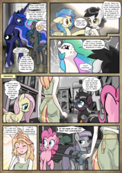 Size: 1363x1920 | Tagged: safe, artist:pencils, fluttershy, maud pie, pinkie pie, princess celestia, princess luna, oc, oc:mascara maroon, oc:moonglow twinkle, oc:padlock, oc:silvia windmane, oc:speck, alicorn, bat pony, earth pony, pegasus, pony, satyr, unicorn, comic:anon's pie adventure, g4, blushing, butt, cart, choker, clerical robes, clothes, comic, crown, dialogue, dock, dress, eyes closed, eyeshadow, female, floppy ears, glare, glasses, gritted teeth, heresy, horseshoes, house, ipotane, jewelry, lightning, makeup, mare, monochrome, necklace, partial color, plot, regalia, robes, smiling, speech bubble, tail wrap, thought bubble, threat, tongue out, wagon