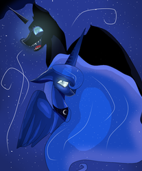 Size: 703x849 | Tagged: safe, artist:mane6657, nightmare moon, princess luna, alicorn, pony, g4, duality, duo, female, mare, sad