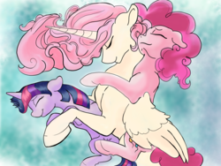 Size: 1636x1228 | Tagged: safe, artist:firimil, pinkie pie, princess celestia, twilight sparkle, alicorn, earth pony, pony, unicorn, fanfic:green, g4, alternate hairstyle, celestia gets all the mares, cuddling, cute, eyes closed, fanfic, fanfic art, female, floppy ears, hug, lesbian, mare, missing accessory, on side, ot3, pink-mane celestia, ship:pinkielestia, ship:twilestia, ship:twinkie, ship:twinklestia pie, shipping, sleeping, smiling, spooning, story included, unicorn twilight, winghug