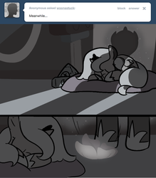 Size: 666x762 | Tagged: safe, artist:egophiliac, nightmare moon, princess luna, moonstuck, g4, ask, cartographer's cap, dark woona, filly, grayscale, hat, monochrome, moonflower, nightmare woon, sleeping, tumblr, woona, younger