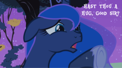 Size: 1000x563 | Tagged: safe, edit, edited screencap, screencap, princess luna, g4, luna eclipsed, bronybait, female, hug, hug request, image macro, meme, sad, solo, ye olde english