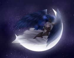 Size: 1800x1400 | Tagged: safe, artist:rainbowhitter, princess luna, human, g4, baby, dark skin, female, horn, horned humanization, humanized, male, maternaluna, moon, mother and child, mother and son, motherly, night, solo, speedpaint, winged humanization