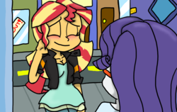 Size: 1328x840 | Tagged: safe, artist:shonatabeata, rarity, sunset shimmer, equestria girls, g4, blushing, breasts, building, cleavage, clothes, eyes closed, female, jacket, leather jacket, nervous, smiling, street