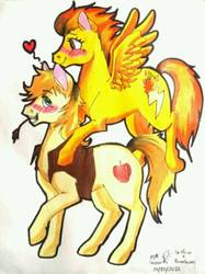 Size: 540x723 | Tagged: safe, artist:darindashiedo, braeburn, spitfire, g4, male, shipping, spitburn, straight