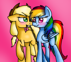 Size: 666x578 | Tagged: safe, artist:jessicadash6, applejack, rainbow dash, earth pony, pegasus, pony, g4, blushing, bound wings, female, floppy ears, gradient background, lesbian, lidded eyes, looking at each other, mare, missing cutie mark, raised hoof, rope, ship:appledash, shipping, smiling