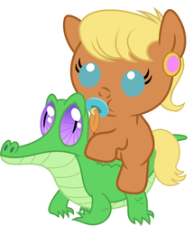 Size: 786x917 | Tagged: safe, artist:red4567, gummy, ms. harshwhinny, pony, g4, baby, baby pony, cute, harshfilly, ms. cutewhinny, pacifier, ponies riding gators, riding
