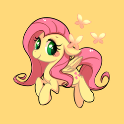 Size: 450x450 | Tagged: safe, artist:phyllismi, fluttershy, butterfly, pegasus, pony, g4, cute, female, floppy ears, mare, orange background, pixiv, shyabetes, simple background, solo