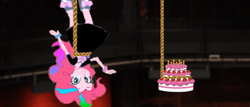 Size: 1339x573 | Tagged: safe, artist:blarghalt, pinkie pie, equestria girls, g4, alternate universe, cake, eqg promo pose set, equestria girls: the parody series, female, food, hanging, rope, solo, unhappy, upside down