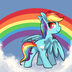 Size: 450x450 | Tagged: safe, artist:phyllismi, rainbow dash, pegasus, pony, g4, blush sticker, blushing, cloud, cute, dashabetes, female, mare, on a cloud, pixiv, rainbow, solo