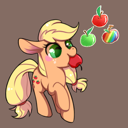 Size: 450x450 | Tagged: safe, artist:phyllismi, applejack, g4, apple, cute, female, food, hatless, jackabetes, missing accessory, mouth hold, pixiv, solo, zap apple