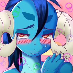 Size: 2652x2652 | Tagged: safe, artist:0ryomamikado0, princess ember, dragon, anthro, g4, abstract background, baka, bedroom eyes, blushing, bust, claws, dragoness, embarrassed, female, high res, horns, looking at you, portrait, solo, sweat, sweatdrop, tsundember, tsundere