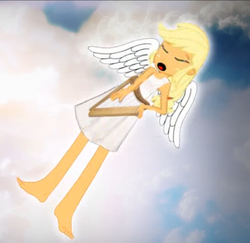 Size: 590x574 | Tagged: safe, artist:zxinsanity, applejack, angel, equestria girls, g4, alternate universe, barefoot, beautiful, blonde, clothes, dress, equestria girls: the parody series, eyes closed, feet, female, harp, hatless, missing accessory, musical instrument, open mouth, singing, solo, wings