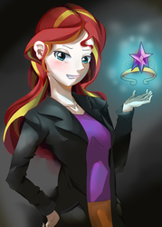 Size: 2268x3159 | Tagged: safe, artist:kulur, sunset shimmer, equestria girls, g4, clothes, element of magic, evil, female, high res, human coloration, jacket, leather jacket, pixiv, skirt, solo