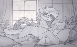 Size: 2200x1345 | Tagged: safe, artist:yakovlev-vad, oc, oc only, earth pony, pony, bed, bedroom eyes, commission, grayscale, looking at you, monochrome, pillow, prone, solo, wip