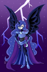 Size: 900x1359 | Tagged: safe, artist:yunsildin, nightmare moon, human, g4, female, horn, horned humanization, humanized, lightning, solo, watermark, winged humanization