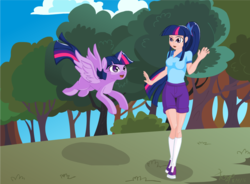 Size: 1000x734 | Tagged: safe, artist:tozinkai, sci-twi, twilight sparkle, human, equestria girls, g4, my little pony equestria girls: legend of everfree, flying, grass, human ponidox, humanized, self ponidox, tree, twilight sparkle (alicorn), twolight