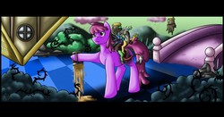 Size: 1280x673 | Tagged: safe, artist:stormblaze-pegasus, berry punch, berryshine, discord, draconequus, earth pony, pony, g4, black vine, chaos, cider, duo, micro, mug, music art, pouring, riding, strangeville, unamused