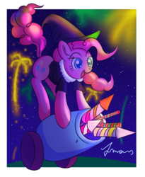 Size: 1350x1650 | Tagged: dead source, safe, artist:atmosseven, pinkie pie, g4, clothes, female, fireworks, guy fawkes day, hat, party cannon, shirt, solo, witch hat