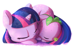 Size: 1000x696 | Tagged: safe, artist:kicsterash, spike, twilight sparkle, g4, baby spike, cuddling, cute, daaaaaaaaaaaw, eyes closed, filly, filly twilight sparkle, hnnng, mama twilight, simple background, sleeping, snuggling, spikabetes, spikelove, twiabetes, watermark, weapons-grade cute, white background, younger