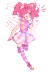 Size: 1100x1500 | Tagged: dead source, safe, artist:disawikasita, pinkie pie, human, g4, clothes, cute, diapinkes, female, humanized, pigtails, shoes, simple background, skirt, socks, solo, striped socks, suspender pull, suspenders, tank top, thigh highs, transparent background, zettai ryouiki