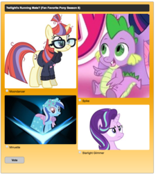 Size: 998x1110 | Tagged: safe, minuette, moondancer, spike, starlight glimmer, twilight sparkle, g4, fan favorite poll, ffps8, poll, running mate, season 8 election, vote