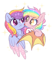 Size: 2388x2692 | Tagged: safe, artist:hawthornss, oc, oc only, oc:glittering cloud, oc:paper stars, bat pony, pegasus, pony, bat pony oc, blushing, cute, face licking, female, glitterstars, high res, lesbian, licking, mare, paperbetes, rainbow hair, shipping, simple background, sparkles, tongue out, transparent background, weapons-grade cute