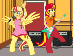 Size: 5486x4182 | Tagged: safe, artist:oneovertwo, oc, oc only, oc:evenfall, oc:eventide, satyr, equestria girls, g4, absurd resolution, armpits, clothes, dress, flying v, guitar, musical instrument, offspring, parent:sunset shimmer, shirt