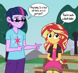 Size: 1987x1869 | Tagged: dead source, safe, artist:drewmwhit, sunset shimmer, twilight sparkle, equestria girls, g4, alternate hairstyle, bad pickup line, blushing, clothes, dialogue, drink, dusk shine, equestria guys, finger gun, finger guns, glass, glasses, half r63 shipping, male, pants, pickup lines, pointing, prince dusk, rule 63, ship:duskshimmer, ship:sunsetsparkle, shipping, speech bubble, straight, straw, sunglasses
