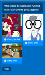 Size: 474x782 | Tagged: safe, applejack, cherry jubilee, filthy rich, silver shill, g4, fan favorite poll, ffps8, poll, season 8 election, vote