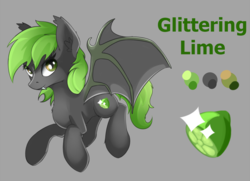 Size: 1300x940 | Tagged: safe, artist:teta, oc, oc only, oc:glittering lime, bat pony, pony, bat wings, cute, cutie mark, female, fluffy, gray background, looking at you, reference sheet, simple background, smiling, solo, spread wings