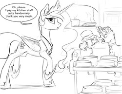 Size: 1280x989 | Tagged: safe, artist:silfoe, princess celestia, alicorn, pony, royal sketchbook, g4, and that's terrible, cake, cakelestia, chef, dialogue, eyes closed, female, floppy ears, food, fourth wall, frown, glare, glowing horn, gordon ramsay, grayscale, hell's kitchen, horn, idiot sandwich, kitchen, levitation, looking at you, magic, male, mare, monochrome, open mouth, ponified, raised hoof, raised leg, scared, speech bubble, stallion, tartarus' kitchen, telekinesis, yelling
