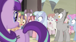 Size: 1100x618 | Tagged: safe, screencap, amethyst skim, bacon braids, cloud brûlée, dusk drift, starlight glimmer, pony, g4, the cutie map, butt, crowd, equal cutie mark, female, gasp, mare, out of context, plot, realization, stare