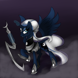 Size: 800x800 | Tagged: safe, artist:cottonaime, princess luna, alicorn, pony, g4, armor, blade, crossover, diana, female, league of legends, magic, night, simple background, smiling, solo, spread wings, standing