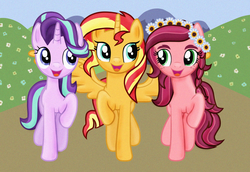 Size: 1294x891 | Tagged: safe, artist:majkashinoda626, gloriosa daisy, starlight glimmer, sunset shimmer, alicorn, earth pony, pony, unicorn, equestria girls, g4, my little pony equestria girls: legend of everfree, alicornified, cute, daisybetes, earth pony gloriosa daisy, equestria girls ponified, freckles, glimmerbetes, happy, looking at each other, open mouth, ponified, race swap, raised hoof, reformed, shimmerbetes, shimmercorn, smiling, spread wings, trio