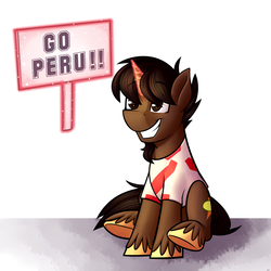 Size: 4000x4000 | Tagged: safe, artist:rubywave32, oc, oc only, oc:limón picante, pony, unicorn, absurd resolution, magic, peru, sign, simple background, solo, white background