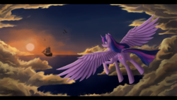 Size: 3920x2205 | Tagged: safe, artist:dezdark, twilight sparkle, alicorn, pony, g4, boat, cloud, female, flying, high res, ocean, ship, solo, sunset, twilight sparkle (alicorn)