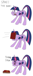 Size: 1280x2941 | Tagged: safe, artist:anontheanon, twilight sparkle, alicorn, pony, g4, book, bookhorse, cartoon physics, comic, female, floppy ears, gap teeth, implied spike, offscreen character, purple smart, slapstick, solo, twilight sparkle (alicorn)