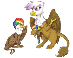 Size: 1280x1024 | Tagged: safe, artist:suenden-hund, gilda, oc, oc:rainbow feather, griffon, g4, crying, cute, fledgeling, interspecies offspring, magical lesbian spawn, mother and daughter, next generation, offspring, parent:gilda, parent:rainbow dash, parents:gildash, plushie, rainbow hair, repairing, sad, sewing, sewing needle