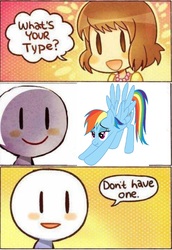 Size: 1173x1709 | Tagged: safe, artist:k009, edit, rainbow dash, human, pegasus, pony, g4, blatant lies, comic, female, iwtcird, low quality, mare, meme, what's your type