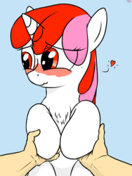 Size: 3072x4096 | Tagged: safe, artist:littlenaughtypony, oc, oc only, oc:righty tighty, pony, unicorn, blushing, chest fluff, cute, female, hand, heart, holding hooves, hoof hold, looking down, smiling