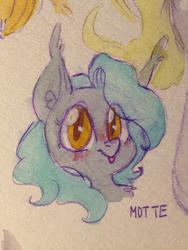 Size: 2448x3264 | Tagged: safe, artist:whale, oc, oc only, oc:motte, bat pony, pony, :p, blushing, bust, colored pupils, ear fluff, high res, looking at you, mlem, portrait, smiling, solo, tongue out, traditional art, watercolor painting